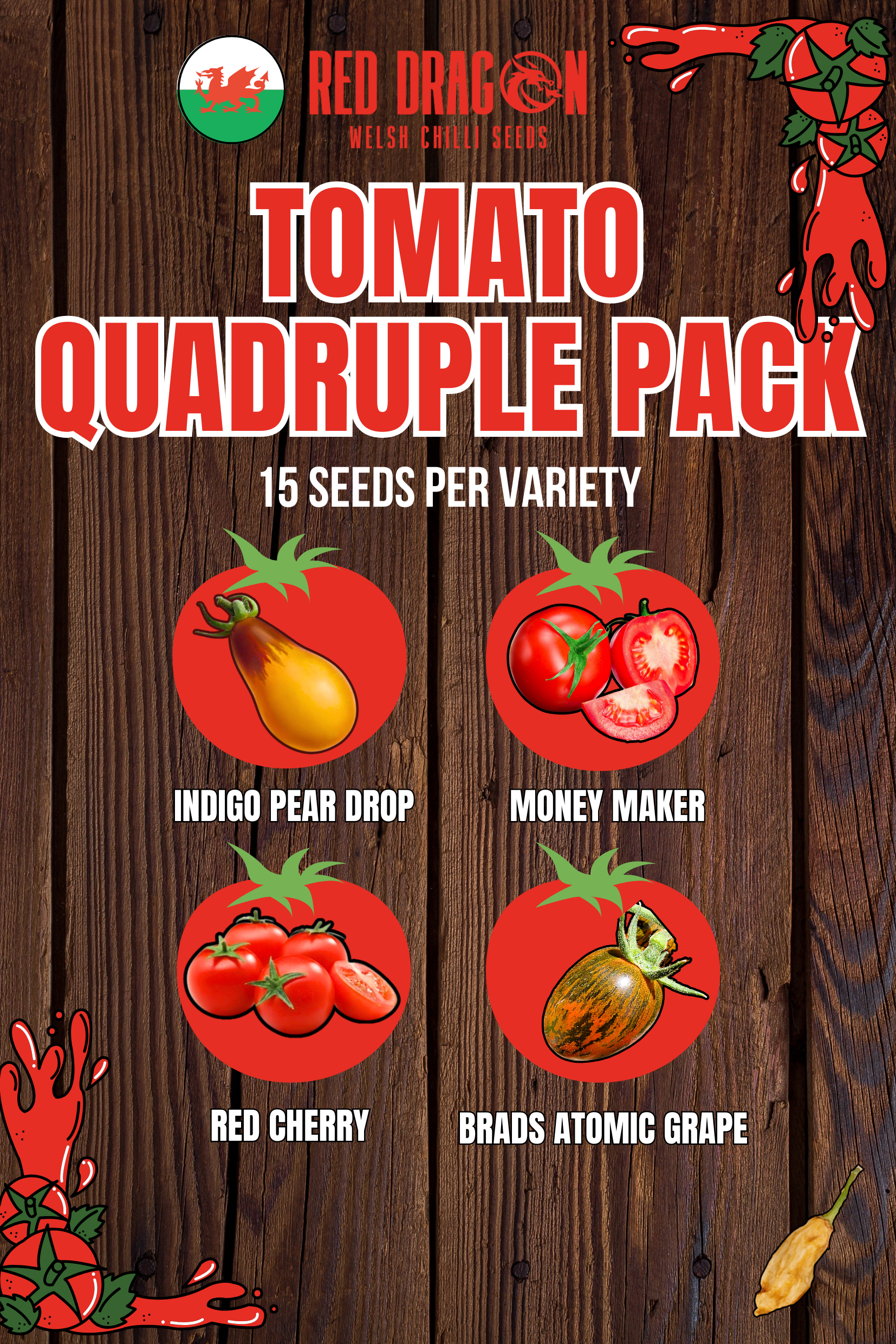 Tomato Quadruple Pack - Indigo Pear Drop, Money Maker, Red Cherry, and Brad's Atomic Grape
