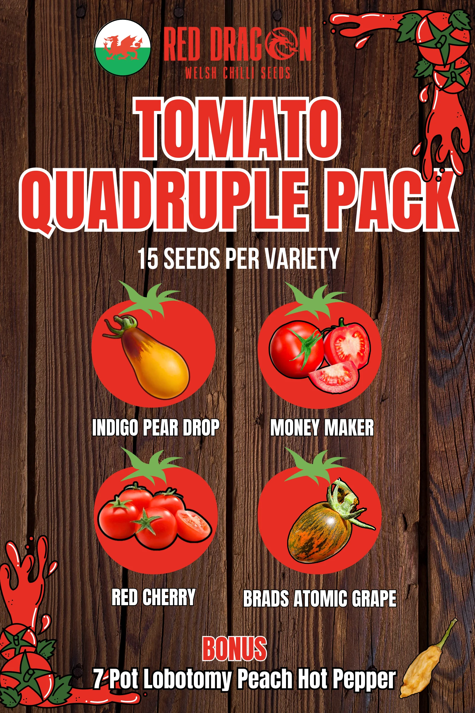 Tomato Quadruple Pack - Indigo Pear Drop, Money Maker, Red Cherry, and Brad's Atomic Grape