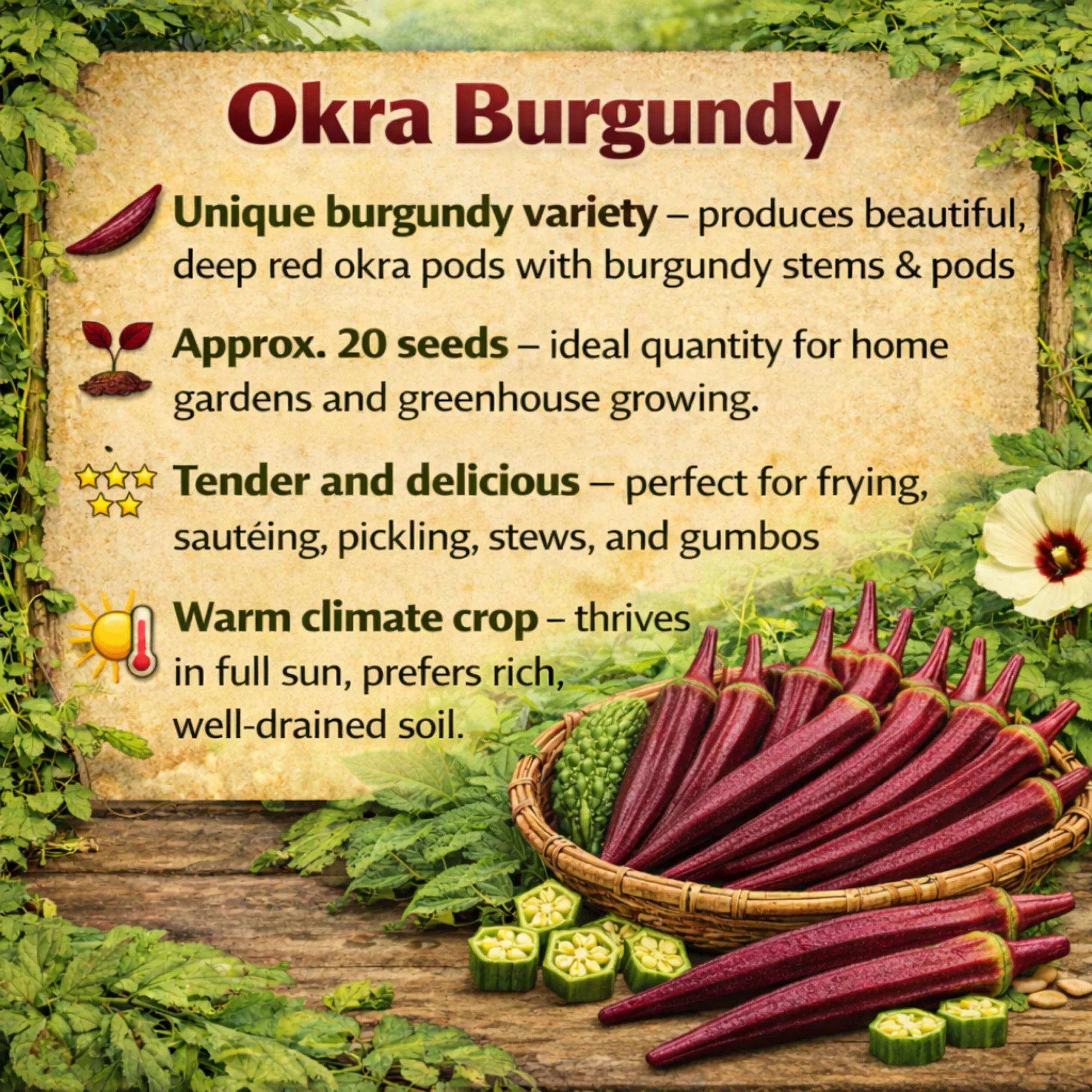 Burgundy Red Okra Seeds - Image 3