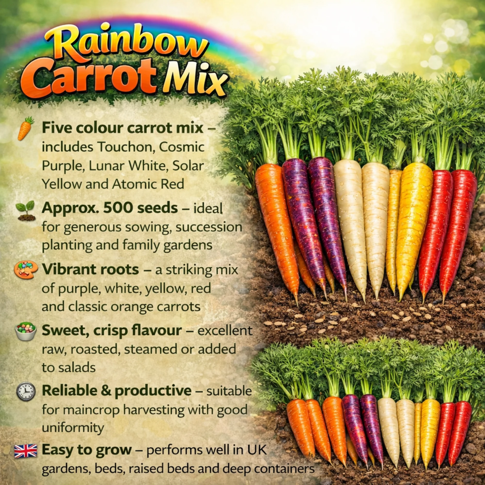 Carrot Rainbow Mix Seeds | Five Colour Carrot Varieties - Image 2